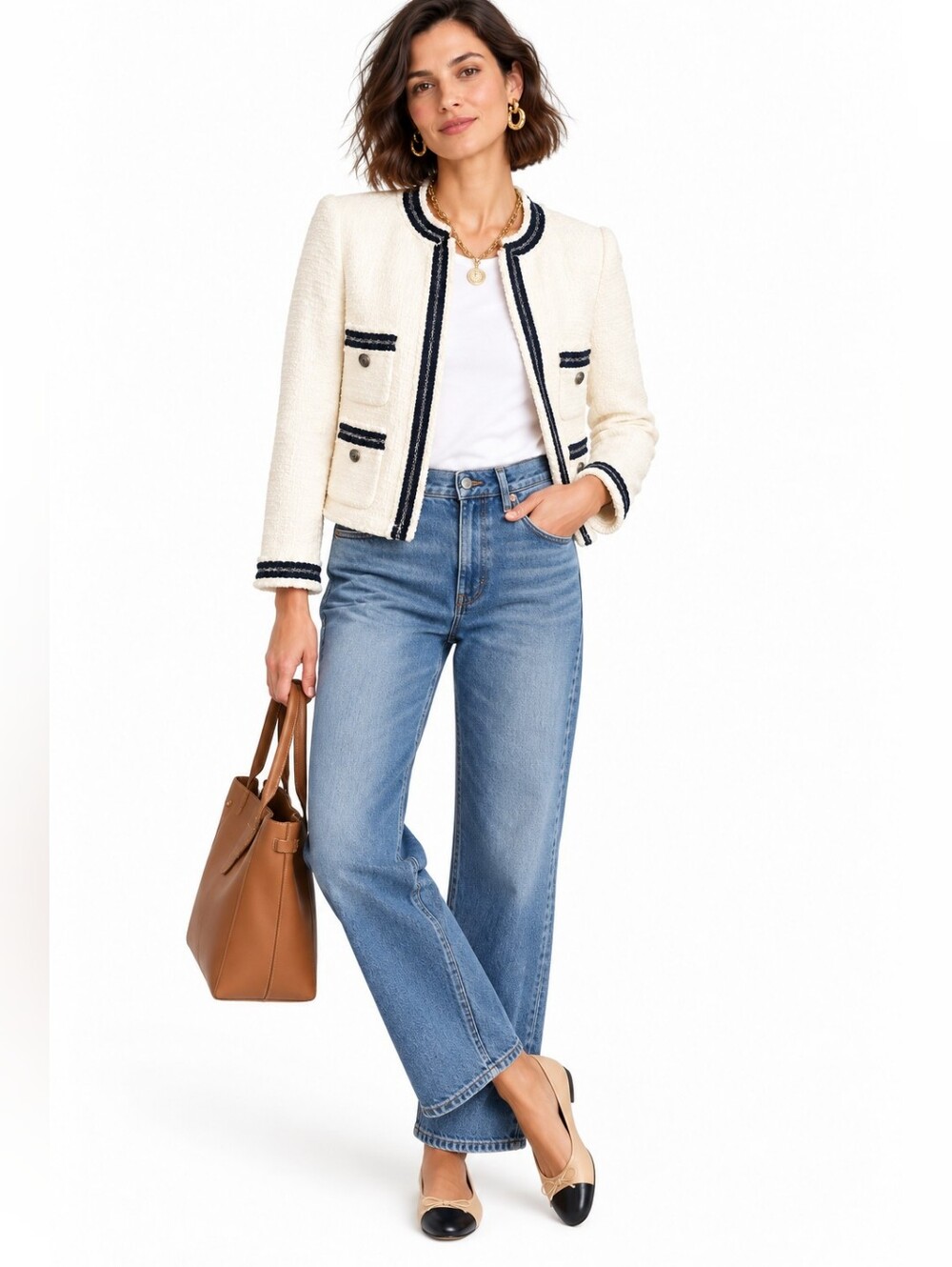 LK Bennett Charlie Cream Bouclé Tweed Jacket Navy Trim NWT Size 4